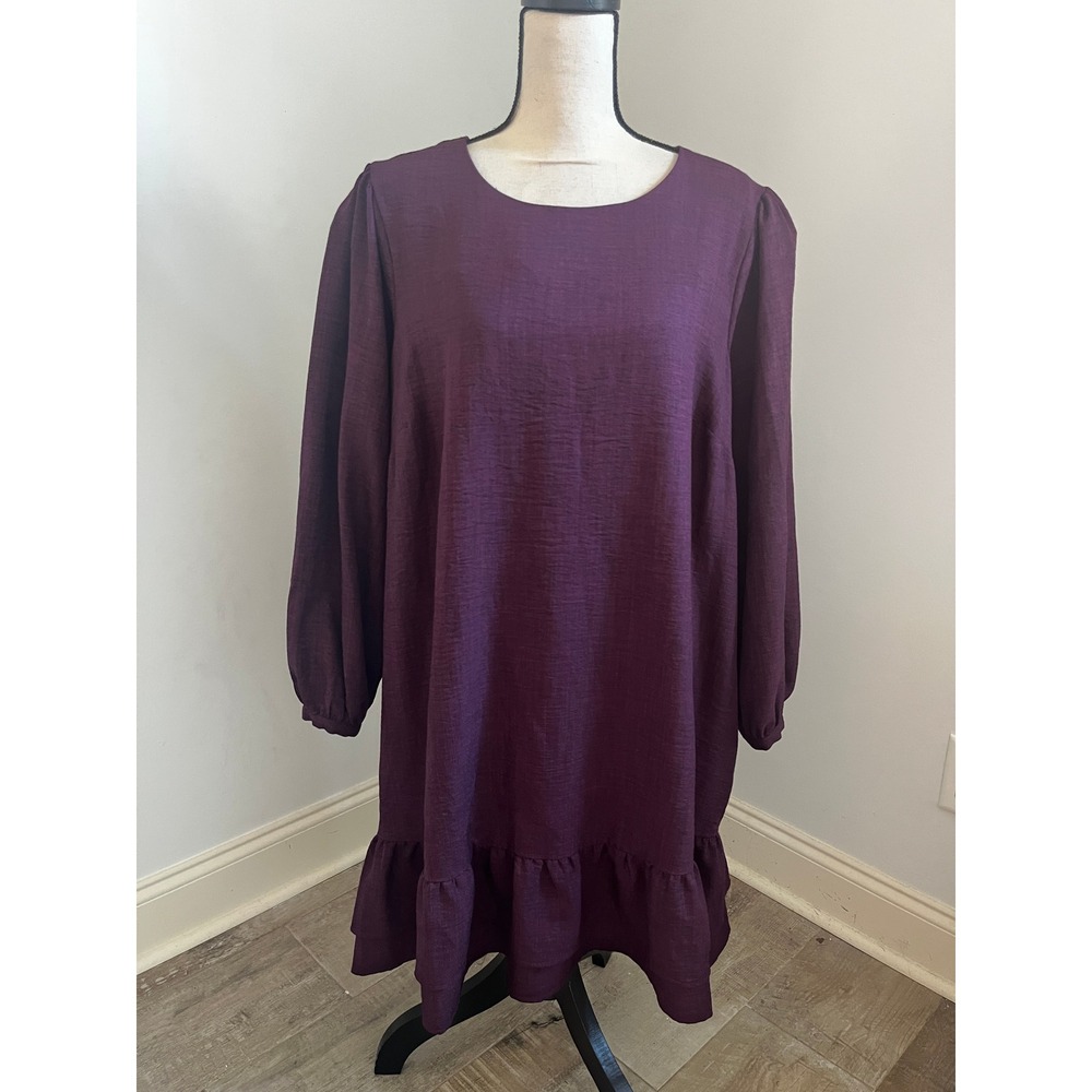 DKNY Tiered Long Sleeve Dress size 18W Ruffle Plum Purple Mod Boho Chic Babydoll